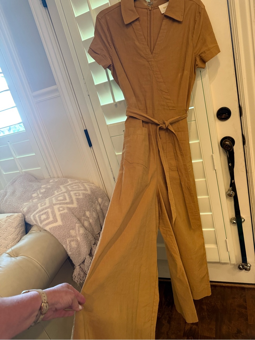 Anthropologie/ Maeve Mustard Short-Sleeve Collared Jumpsuit with Tie Waist - Picture 4 of 4